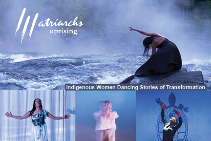 The poster for Matriarchs Uprising Festival 2023. The top image: A dance artist leans over on a rock in front of rushing water. Their hair is loose and wet and they have on a long black dress. Below left: a dance artist with a shiny blue top in front of a white background. Below middle: A blurry image of a dance artist in front of a blue background. Below right: a dance artist with a long sleeve top in front of a blue background with an Indigenous turtle projected on it.