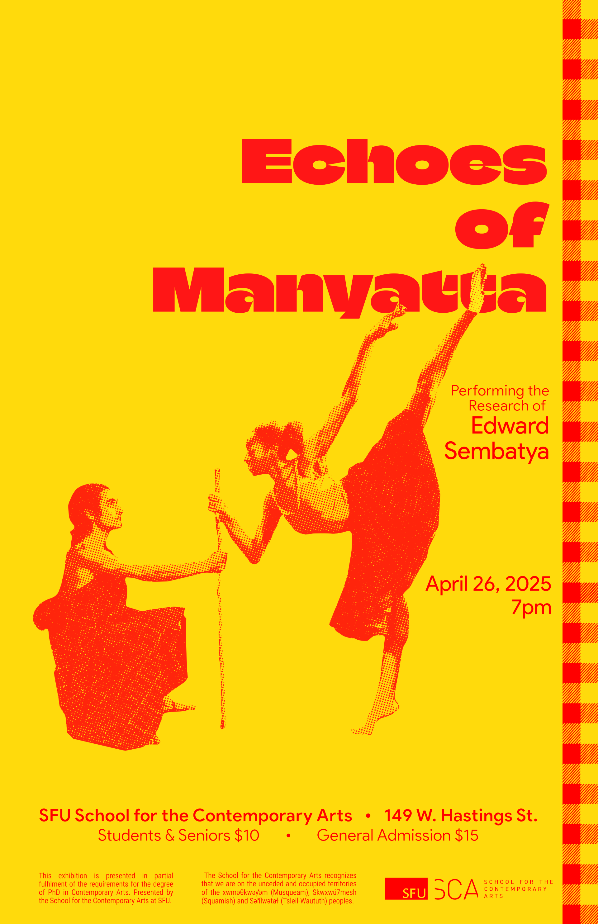 Poster for Echoes of Manyatta - two dance artists pose on a yellow background - their images and the text have a red wash