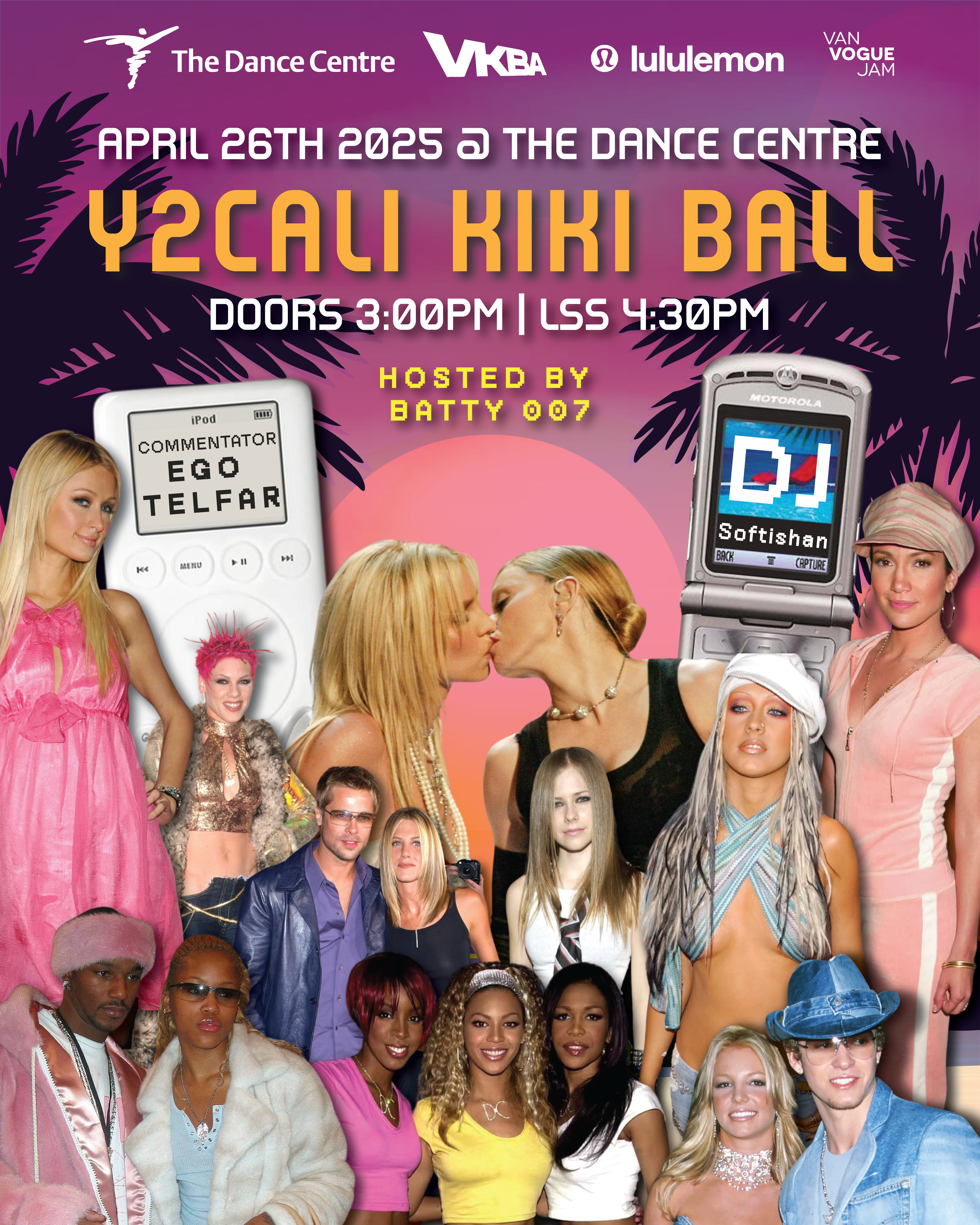 Poster for the Y2Cali Kiki Ball. A poster with a purple background with a collage of celebrities from the 2000s.